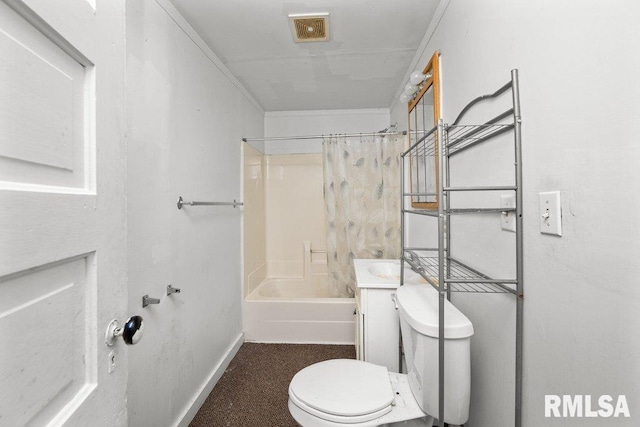 full bathroom featuring vanity, shower / tub combo, and toilet