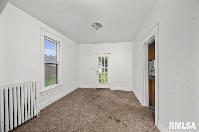 empty room featuring radiator, a wealth of natural light, and carpet flooring