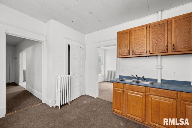 kitchen with dark carpet, sink, and radiator heating unit