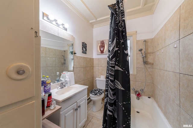 full bathroom featuring shower / tub combo with curtain, tile walls, ornamental molding, toilet, and tile patterned floors