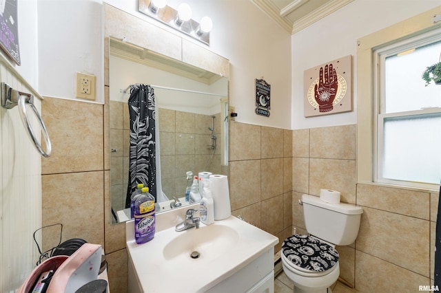 bathroom featuring toilet, crown molding, tile walls, vanity, and a shower with shower curtain