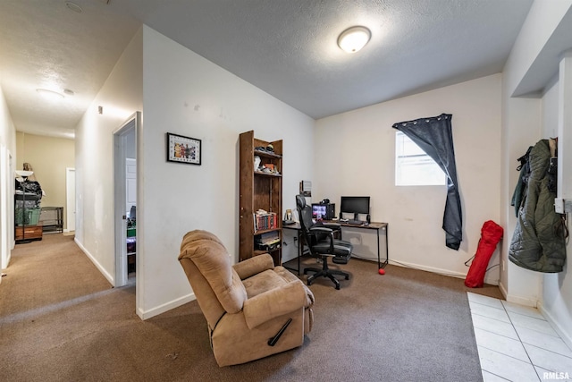 office area featuring light carpet and a textured ceiling