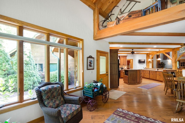 living room featuring beamed ceiling, light hardwood / wood-style flooring, ceiling fan, and high vaulted ceiling