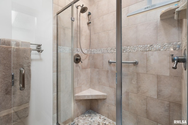 bathroom with a shower with shower door