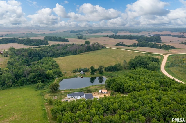 bird's eye view featuring a water view and a rural view