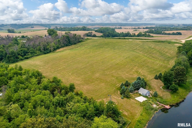 aerial view featuring a water view and a rural view