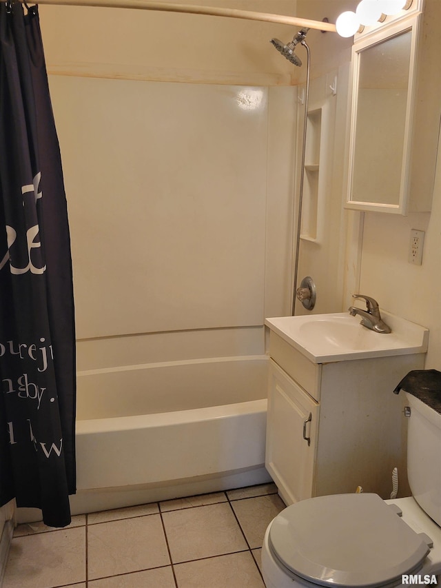 full bathroom with tile patterned flooring, shower / bath combination with curtain, vanity, and toilet