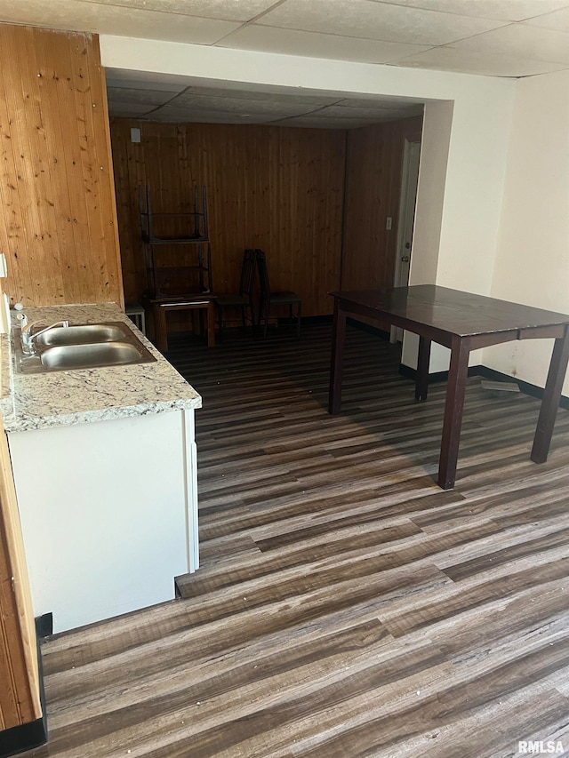 kitchen featuring hardwood / wood-style flooring, a drop ceiling, wood walls, light stone countertops, and sink