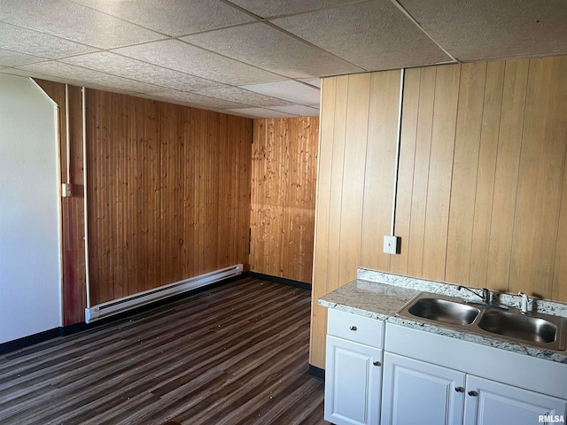 laundry area with wood walls, sink, dark wood-type flooring, and a baseboard radiator