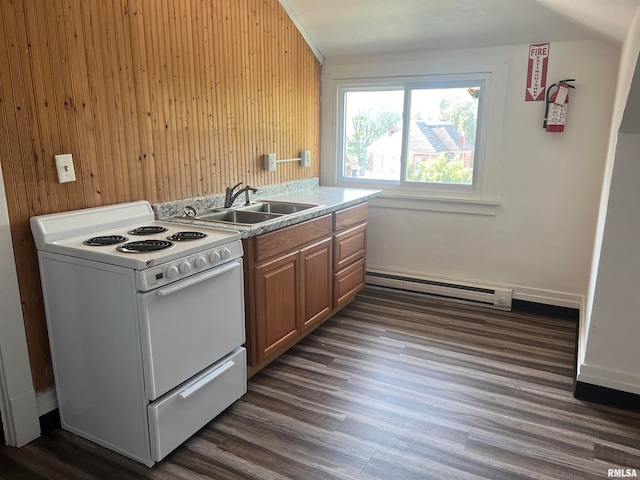 kitchen featuring sink, white range with electric cooktop, baseboard heating, and dark hardwood / wood-style floors