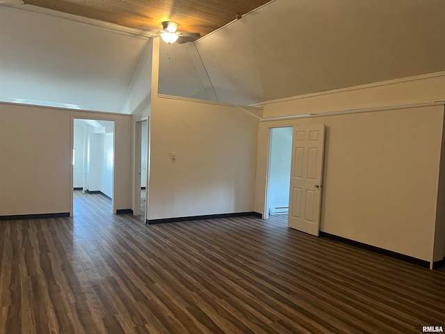 bonus room with ceiling fan, dark wood-type flooring, and lofted ceiling