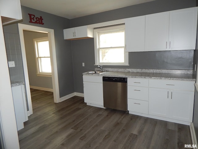 kitchen with sink, white cabinetry, dishwasher, and dark wood-type flooring