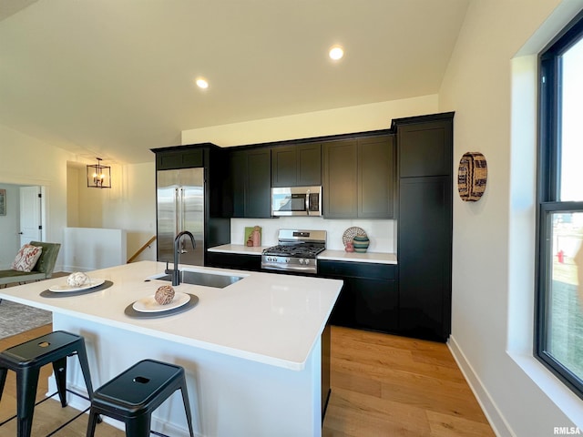 kitchen featuring a center island with sink, a breakfast bar area, appliances with stainless steel finishes, light wood-style floors, and a sink