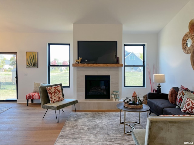 living room featuring a tile fireplace and light wood-type flooring