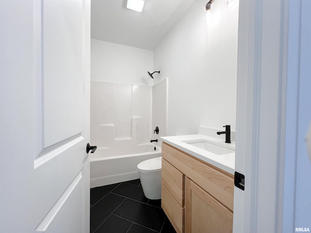 full bath with vanity, shower / washtub combination, tile patterned flooring, and toilet