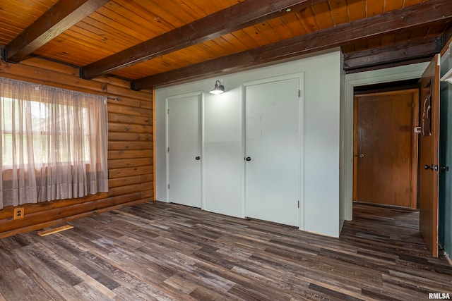 unfurnished bedroom with log walls, dark wood-type flooring, wooden ceiling, and beamed ceiling