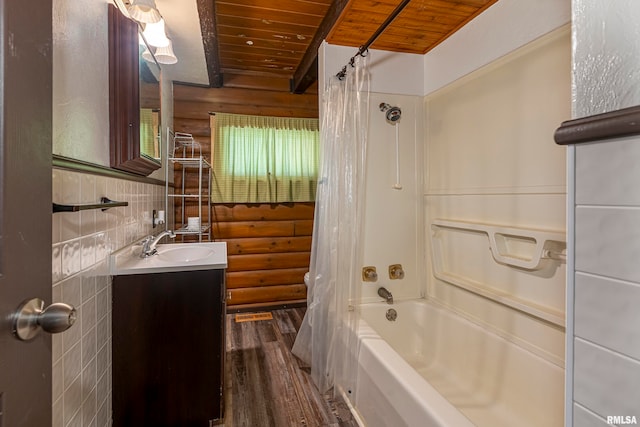 bathroom with hardwood / wood-style flooring, wooden ceiling, vanity, shower / tub combo, and rustic walls