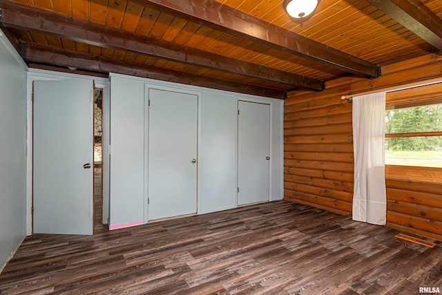 unfurnished bedroom with wooden ceiling, beam ceiling, hardwood / wood-style flooring, and log walls