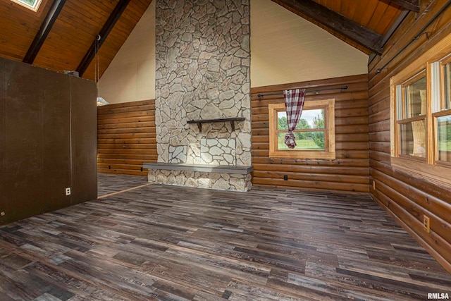 unfurnished living room featuring hardwood / wood-style floors, high vaulted ceiling, beamed ceiling, wooden ceiling, and rustic walls