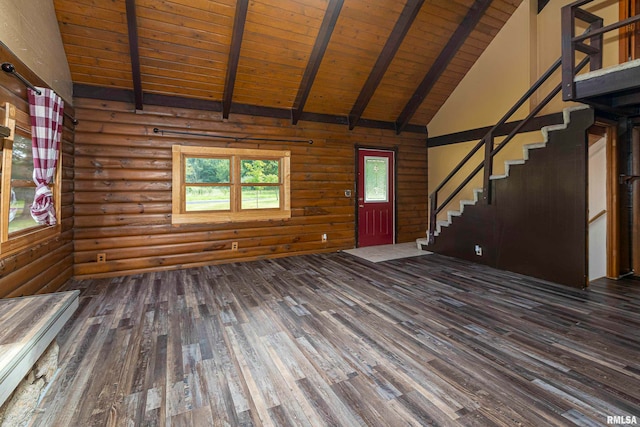 interior space featuring beamed ceiling, high vaulted ceiling, wood-type flooring, and wooden ceiling