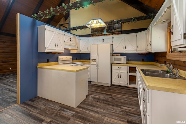 kitchen featuring dark hardwood / wood-style flooring, high vaulted ceiling, wooden ceiling, sink, and white appliances