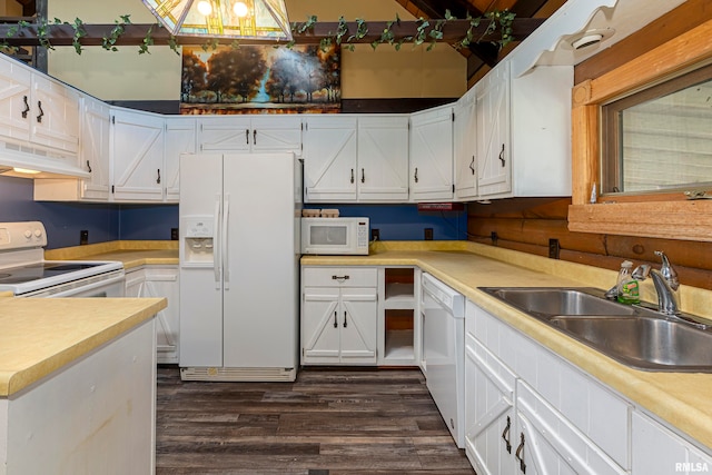 kitchen featuring sink, white appliances, white cabinets, and custom exhaust hood