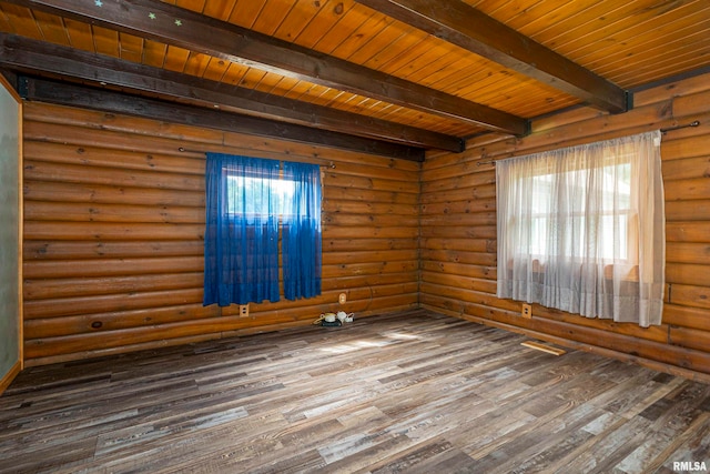 spare room featuring rustic walls, hardwood / wood-style flooring, beamed ceiling, and wood ceiling