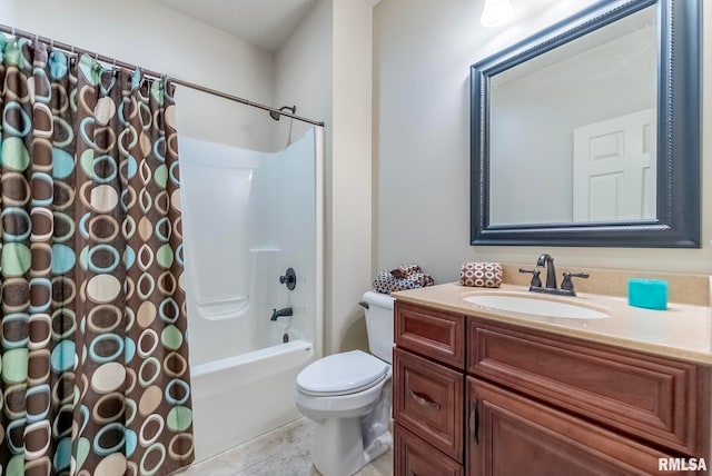 full bathroom featuring shower / bathtub combination with curtain, toilet, vanity, and tile patterned floors