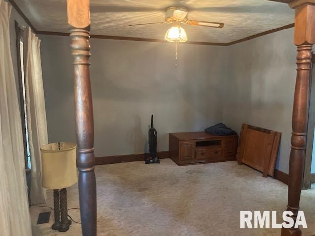 interior space with ceiling fan and ornamental molding