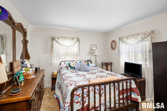 bedroom featuring multiple windows and light colored carpet