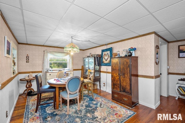 dining room featuring ornamental molding, dark wood-type flooring, and a paneled ceiling