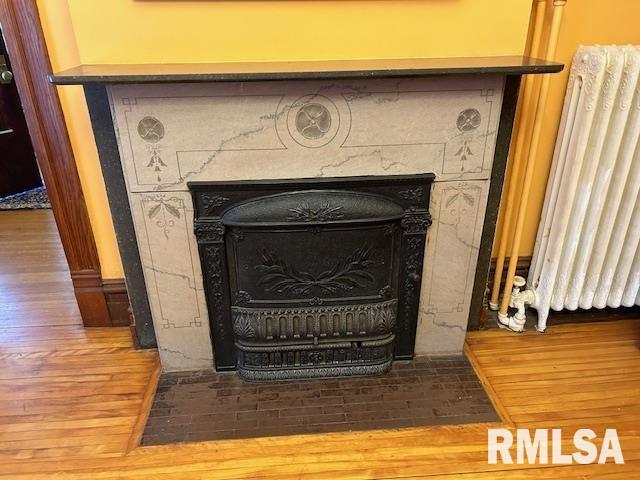 details featuring radiator heating unit, a fireplace, and wood finished floors