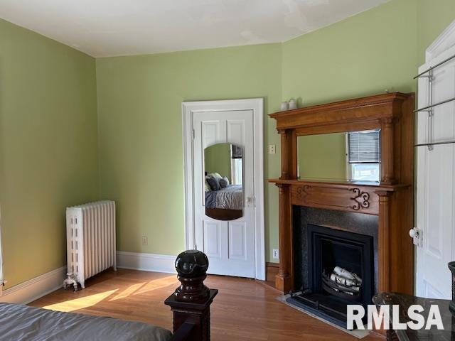 512 Broad St, Sabula, IA 52070 - living room with baseboards, radiator heating unit, and a fireplace with flush hearth
