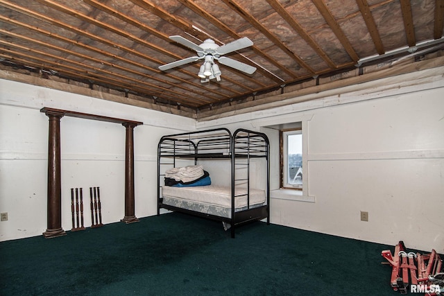 unfurnished bedroom with carpet and ornate columns