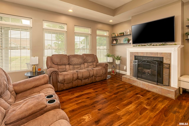 living room featuring a tile fireplace and hardwood / wood-style flooring