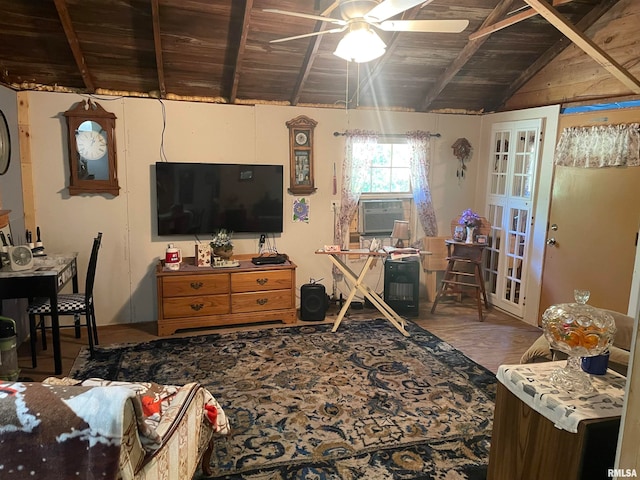 interior space with wood-type flooring, cooling unit, lofted ceiling with beams, and wood ceiling