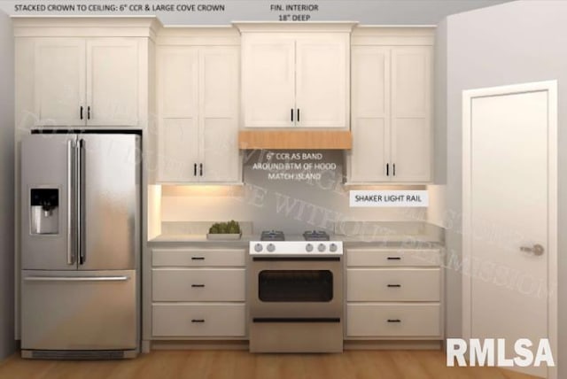 kitchen featuring white cabinets, light hardwood / wood-style floors, white range with electric stovetop, and stainless steel fridge with ice dispenser