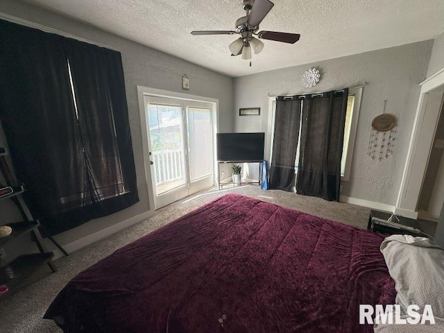 carpeted bedroom featuring baseboards, ceiling fan, access to exterior, a textured ceiling, and a textured wall