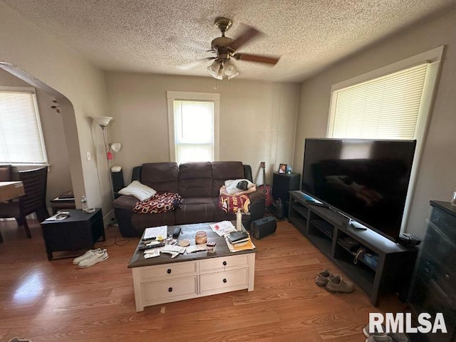 living room featuring hardwood / wood-style floors, ceiling fan, and a textured ceiling