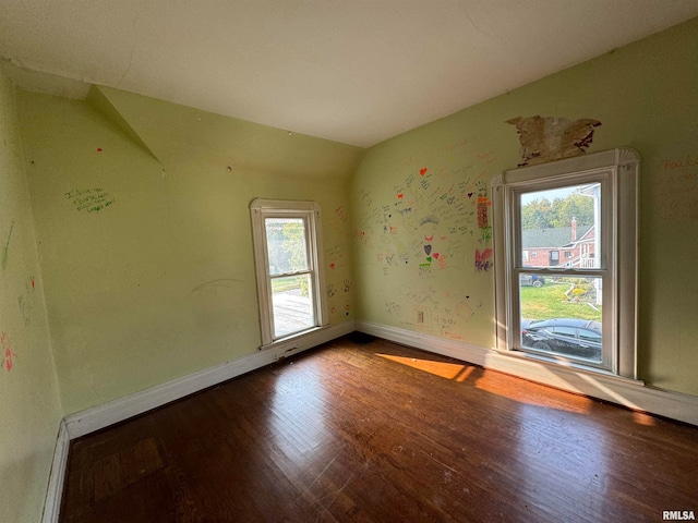 empty room with hardwood / wood-style floors, a wealth of natural light, and vaulted ceiling