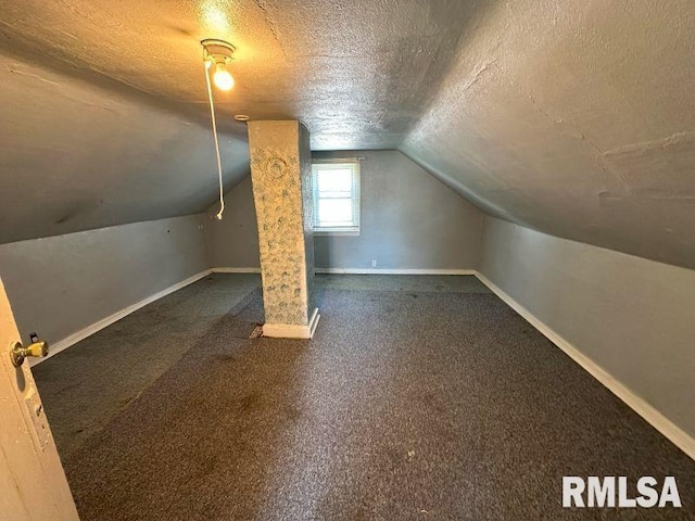 additional living space featuring lofted ceiling, carpet, baseboards, and a textured ceiling