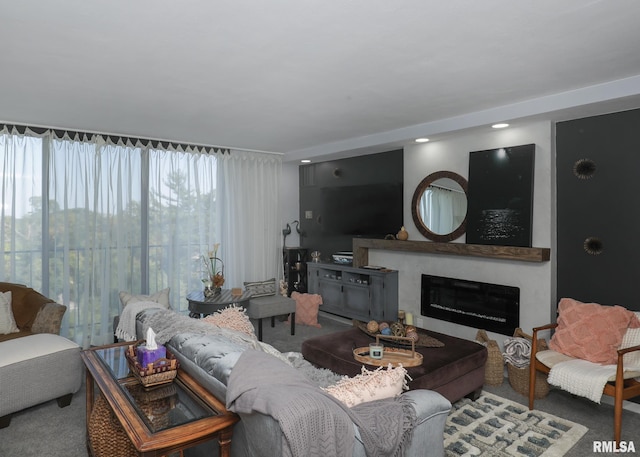living area featuring carpet and a glass covered fireplace