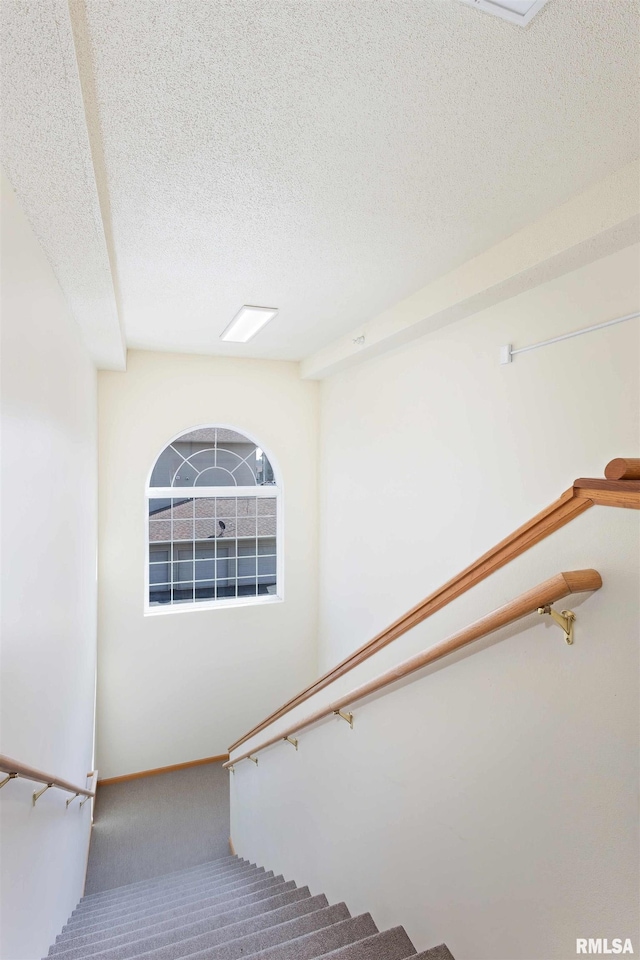 stairway featuring a textured ceiling and carpet