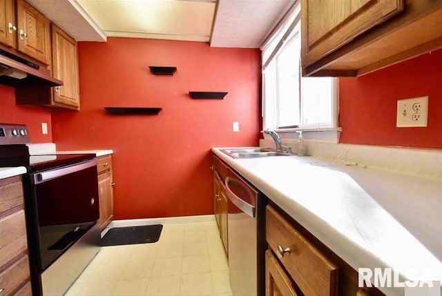 kitchen featuring extractor fan, dishwasher, range with electric stovetop, and sink