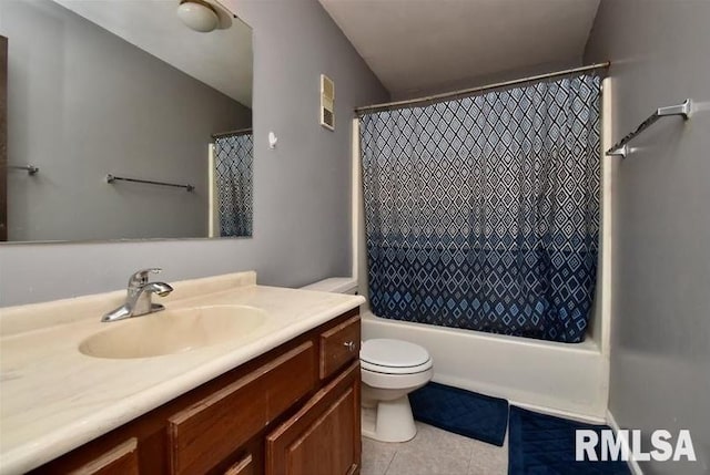 full bathroom featuring vanity, tile patterned flooring, toilet, and shower / bathtub combination with curtain