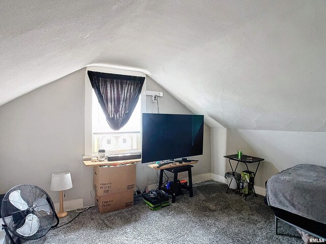 interior space with a textured ceiling, carpet flooring, and vaulted ceiling