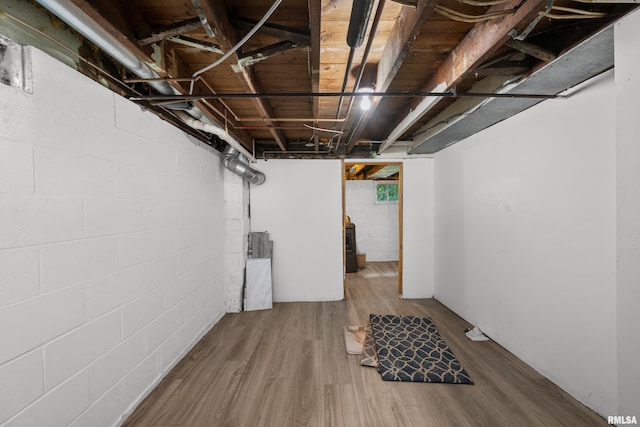 basement with hardwood / wood-style floors