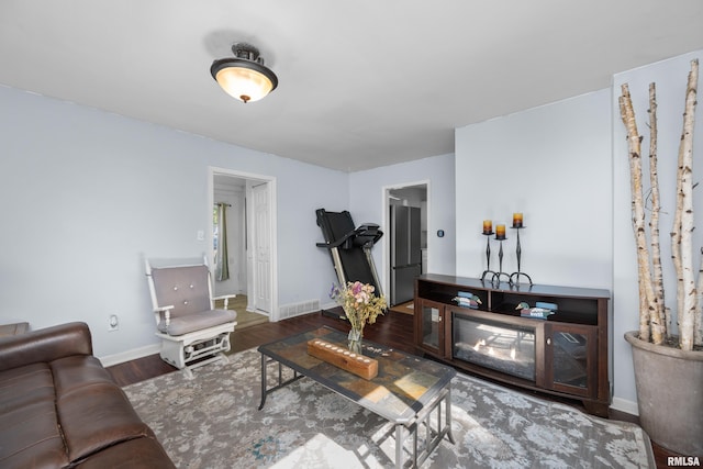 living room featuring dark wood-type flooring