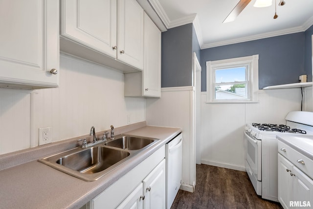 kitchen featuring sink, white appliances, crown molding, and dark hardwood / wood-style flooring