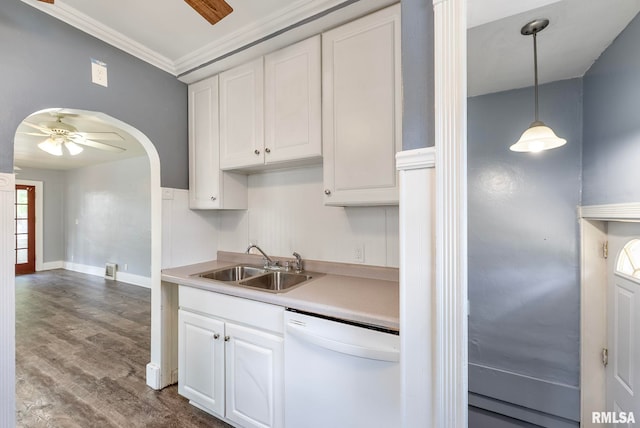 kitchen featuring white cabinets, white dishwasher, crown molding, ceiling fan, and sink